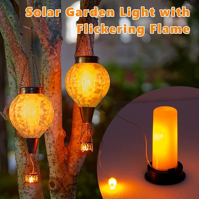 2 Pack Glass Hot Air Balloon Solar Lantern Outdoor Waterproof Hanging Solar Hot Air Balloon Lantern with Flame Solars Lights Decor for Garden Yard Patio Porch(Blue)