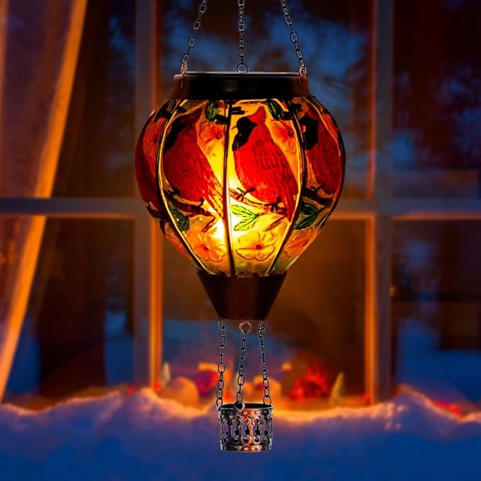 DREAMSOUL Cardinal Hot Air Balloon Solar Lantern Hanging Solar Lanterns Outdoor with Flickering Flame Light Glass Outdoor Lantern Waterproof for Patio Yard Party Gift Decor