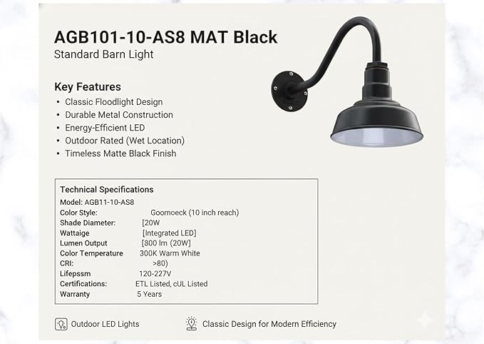 AGB101-10-AS8 MAT Black - Standard Barn Light with Gooseneck Arm | Outdoor LED Lights Classic Floodlight Design for Barn Lights Outdoor Durable Metal Construction Energy-Efficient
