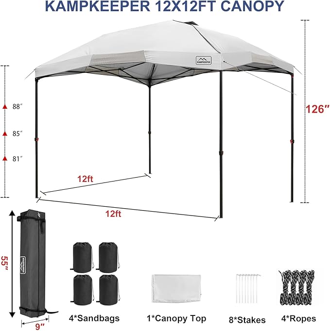 KAMPKEEPER 12x12 Pop Up Canopy TentHeavy Duty Outdoor Sun Shade for EventsCampingParties - Polygonal Patio Gazebo with Wheeled Bag4 sandbags(White)