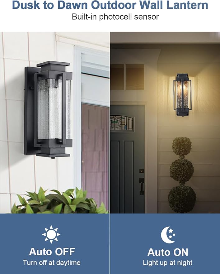 Dusk to Dawn Outdoor Wall Lanterns Large Exterior Porch Lights Wall Mount IP65 Waterproof Outdoor Sconces with Seeded Glass Outside Wall Lamp for House Garage Front Porch Patio