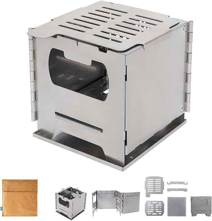 COOK'N'ESCAPE Portable Wood Burning Stove Foldable Stainless Steel Camp Burner with Titanium Grill Plate and Ash Tray Secondary Combustion Survival Gear for Hiking Outdoor Tent Camping Picnic BBQ