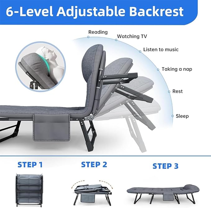 Camping Cot Portable Folding Bed for Adults 6 Position Adjustable Cot Recliner Chair with Pillow Heavy Duty Steel Frame Camping Office Nap Indoor Outdoor Use (Large(74in))