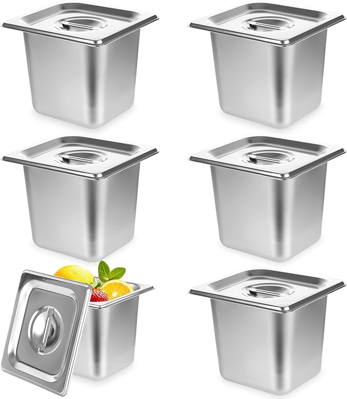 6 Set Stainless Steel Hotel Pans 1/6 Size 6 Inch Deep with Lids Steam Table Pans with Lids 1/6 Size 6 Inch Deep Stainless Steel Restaurant Pan Metal Food Pan with Lid for Hotel Buffet Home