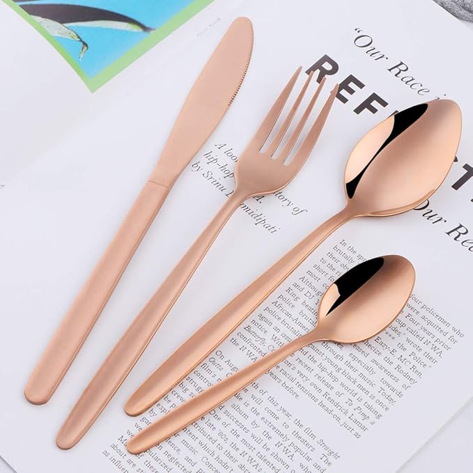 Rose Gold Silverware Set BuyGo 24-Piece Stainless Steel Camping Flatware Dinnerware Set for 6 Hand Polish Dishwasher Safe