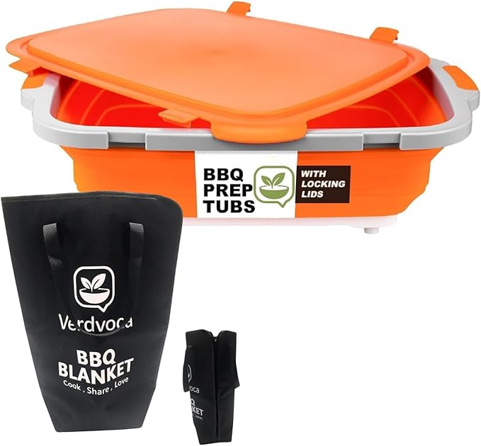 16L Orange Collapsible BBQ Prep Tub with Locking Lids &amp 21 Inch Oxford Black BBQ Blanket for Resting Meat