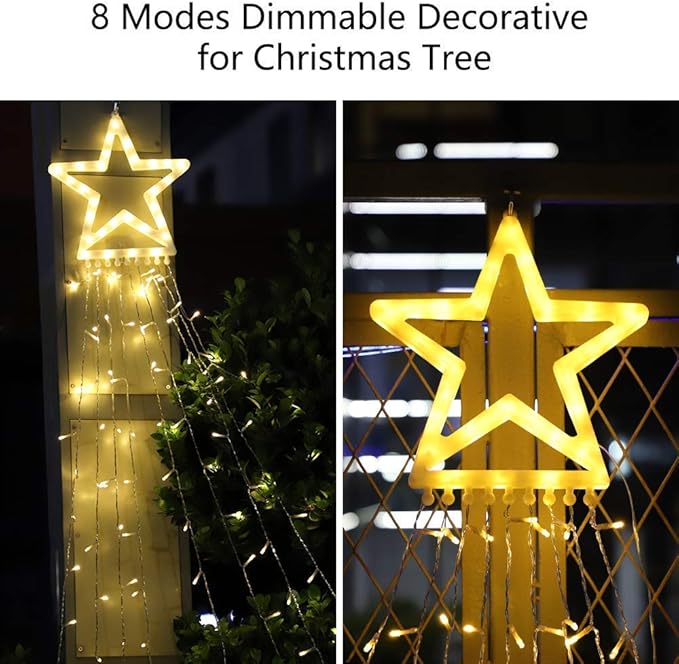 PUHONG Christmas Decoration Outdoor Star String Lights Christmas Tree Toppers Lights 320 LED 8 Modes with 12 Lighted Star for Halloween Christmas New Year Holiday Birthday Decor (Warm White)