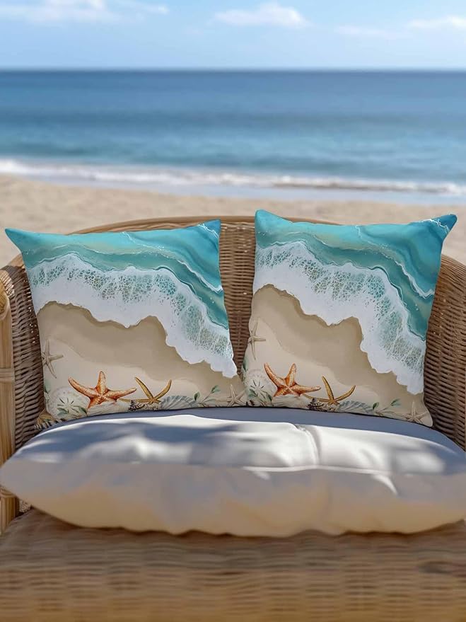Outdoor Pillows Waterproof Coastal Beach Ocean Bedding Throw Pillows with Insert for Couch Sofa Bed Nautical Starfish Shells Conch 16x16 Inch Pillowcases Camping Patio Pillow Set of 2