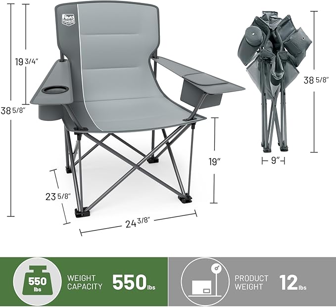 Timber Ridge Oversized Folding Camping Chair for Adults Support 550 LBS Heavy Duty Chairs with Cup Holder Side Pocket for Camping Lawn Picnic 2 Pack(Grey)
