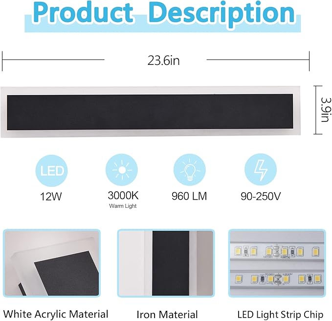 Modern Outdoor Lights 23.6in Outdoor Wall Sconce 12W 3000K Frosted White Acrylic Exterior Light Fixture Watetproof Suitable for Porch Patio Garage