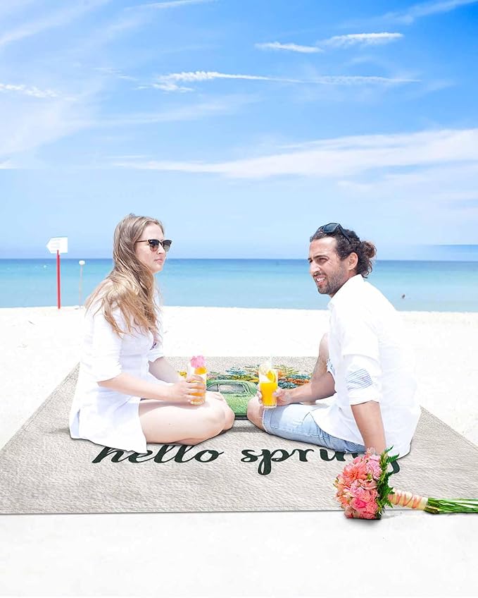 Beach Blanket Waterproof Sandproof OversizedHello Spring Green Truck Flower Beach Mat with Corner Stakes Sand PocketsWatercolor Floral Art Outdoor Picnic Mat for Travel Camping Hiking118x108In