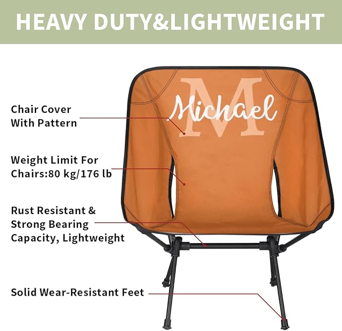 Custom Orange Portable Camping Chair Personalized Backpacking Chair with Name Lightweight Foldable Chairs for Hiking Beach