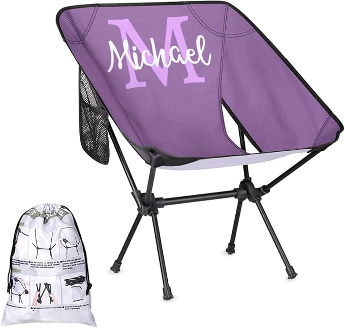 Custom Purple Portable Camping Chair Personalized Backpacking Chair with Name Lightweight Foldable Chairs for Hiking Beach