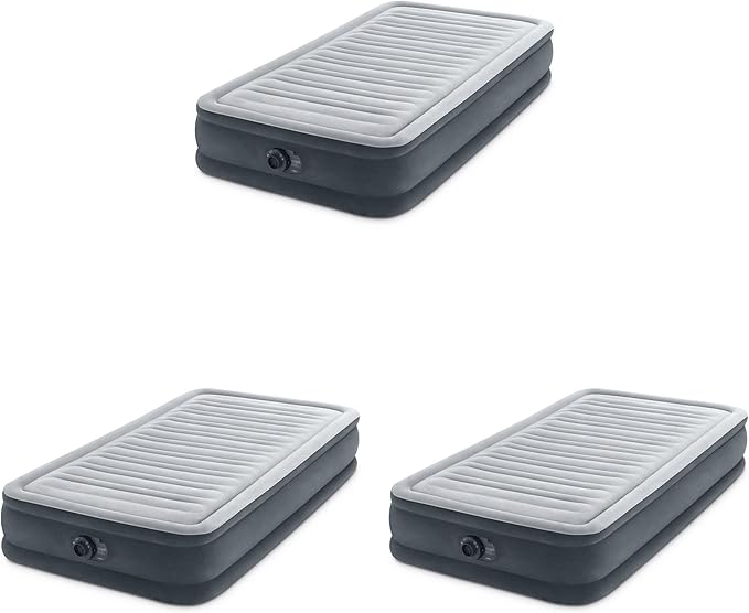 Intex Comfort Deluxe Dura-Beam Plush Pillow Top Inflatable Lightweight Airbed Mattress with Built-in Pump and Carrying Case Twin (3 Pack)