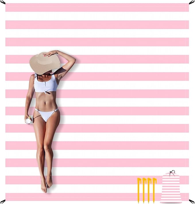 BEW Beach Blanket Sandproof Waterproof Pink Striped Picnic Blanket Extra Large 9 Ft X 10 Ft for 8 Adults with Stakes and Sand Pocket Compact Lightweight Sand Free Beach Mat Essential