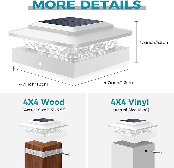 kolpop 4x4 Solar Post Cap Lights Outdoor with 3 Color Temperatures 12 Packs Deck Post Light Solar Powered IP65 Waterproof Fence Deck Lights for 4×4/3.5×3.5 Wood/Vinyl Posts