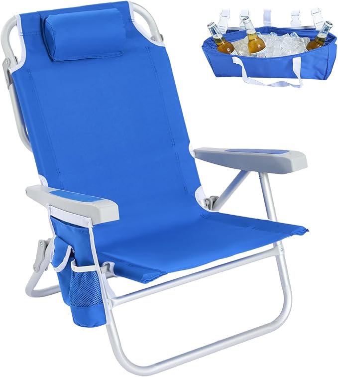 SUNNYFEEL Low Beach Chair 5 Position Lay Flat Portable Folding Backpack Beach Chairs Heavy Duty with Cooler Bag Cup Holder for Outdoor/Lawn/Trip/Picnic/Fishing Foldable Camping Chair (New Blue)