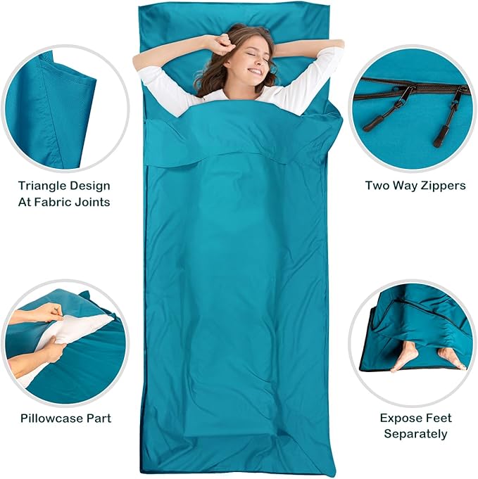 Sleeping Bag Liner Ultralight Silky Satin Adult Sleep Sack &amp Self Tan Sleep Sack with Two-Way-Zipper Single Camping Sheet &amp Travel Sheets for Hotel