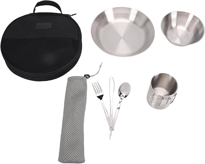 Outdoor Camping Mess Kit Stainless Steel Dishes Set Tableware Dinnerware Includes Plates Bowl Cup Forks Spoons and Knives for Outdoor Backpacking Hiking Travel Picnic