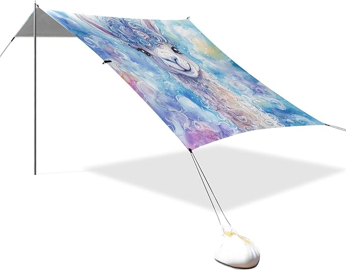 ALAZA Curly Llama Watercolor Alpaca Beach Tent Sun Shelter UPF50+ Protection Beach Shade Canopy w/ 4 Sandbags for Outdoor Camping Fishing Backyard Fun Picnic 10x9 ft