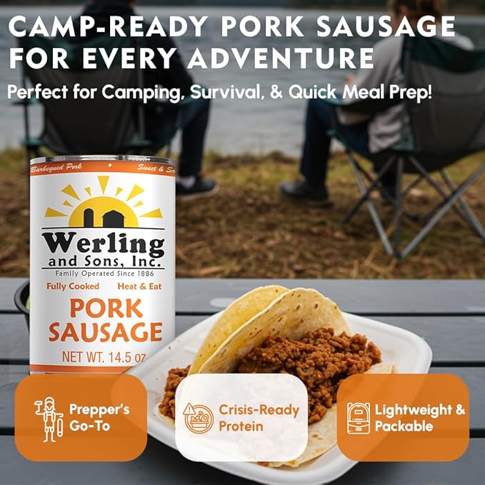 Werling &amp Sons Pork Sausage 14.5 oz – Fully Cooked Premium Canned Meat | Heat &amp Eat | 5-Year Shelf Life | Pantry Staple for Quick Meals Emergency Storage Camping &amp Everyday Use | Made in