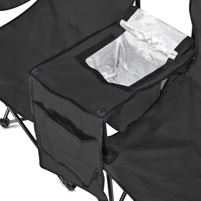 GoTEAM! Portable 2-Seat Folding Camp Chair with Cooler Umbrella &amp Cup Holders – Outdoor Picnic Beach or Tailgate Seating – Carry Case Included