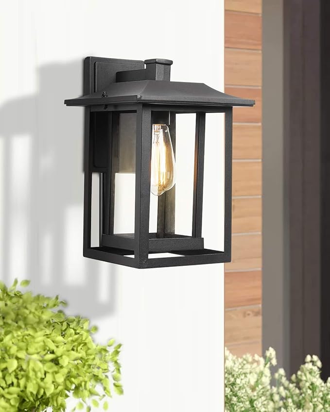 Beionxii Outdoor Light Fixture Dusk to Dawn Exterior Wall Mount Lantern Outside Lights for House Porch Patio Black Cast Aluminum w/Clear Glass (13.5 x 9) - A197W-2PK