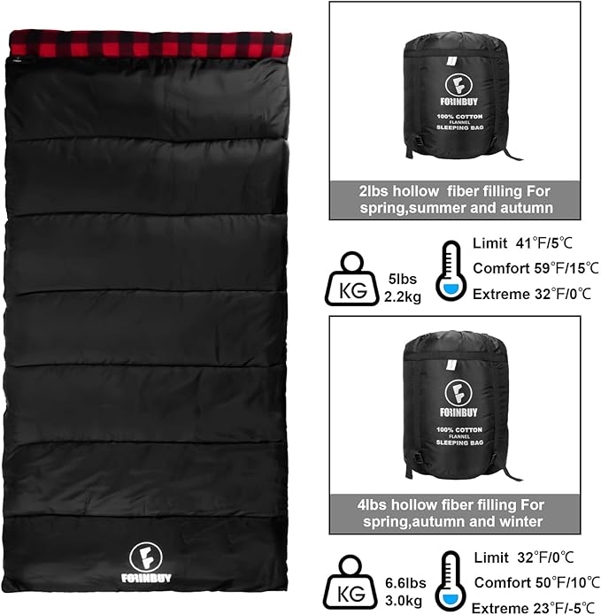 Flannel Sleeping Bag Cold Weather for Adults XL Camping Cotton Sleeping Bag 4 Season Big and Tall Waterproof with Compression Sack