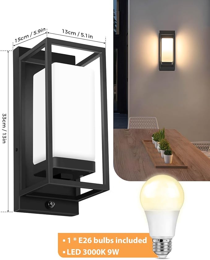 SHIMR Outdoor Wall Light with Dusk to Dawn Sensor Black Outdoor Light Fixture with LED Bulb Included E26 Base Waterproof Exterior Sconce for Porch Garage Front Door