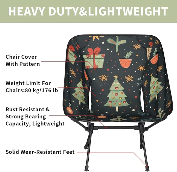 Portable Camping Chair Retro Xmas Tree Ultralight Folding Camping Chair Backpacking Hiking Chair with Cup Holder for Outdoor Travel Beach Picnic Festival Compact Portable 176 lbs Capacity