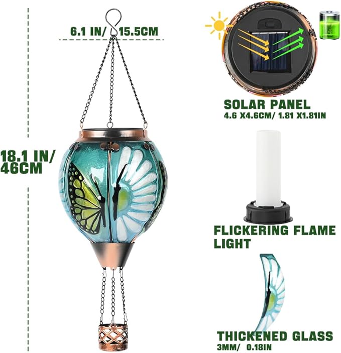 Hot Air Balloon Solar Lantern - Butterfly Stained Glass Lantern Simulated Flickering Dancing Flame Outdoor Hanging Yard Light Waterproof IP65 for Patio Lawn Porch Decor Gift