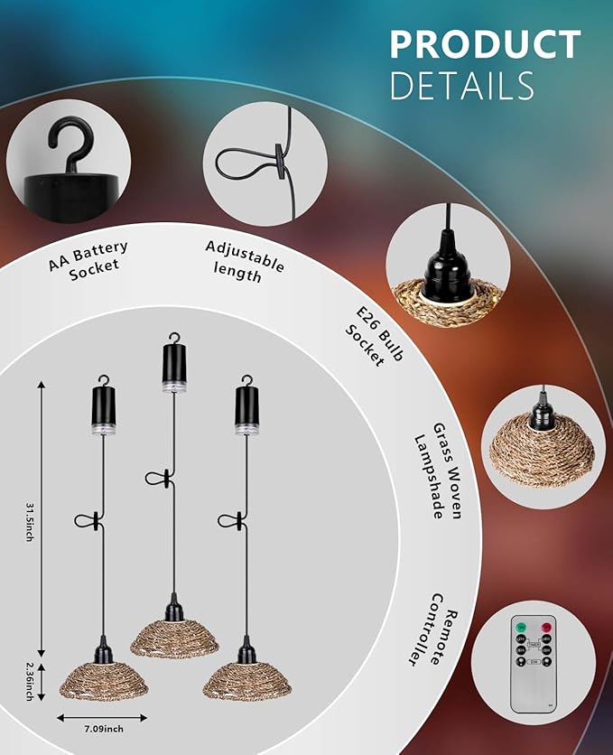 Outdoor Chandelier Lights Waterproof Battery Operated Pendant Lights for Gazebo Pergola Patio Porch IP65 Weatherproof(3 Packs)