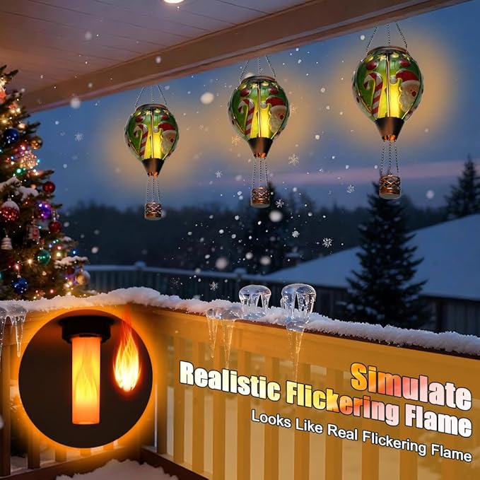 Solar Powered Hot Air Balloon Lantern - Santa Glass Lantern Simulated Flickering &amp Dancing Flame Outdoor Hanging Yard Light Waterproof IP65 for Patio Lawn Porch Christmas Decor Gift