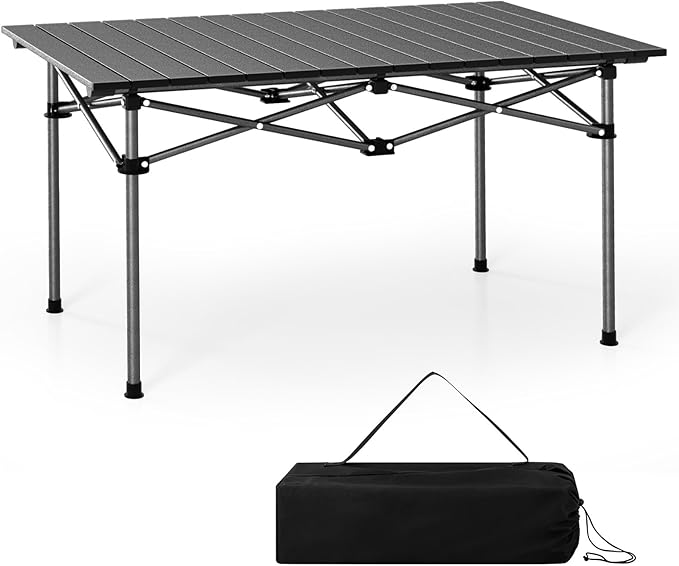 Tangkula Aluminum Folding Camping Table Lightweight Roll-up Camp Table for 4-6 People with Large Tabletop &amp Carry Bag Portable Picnic Table for Outdoor Camping Travel BBQ Party