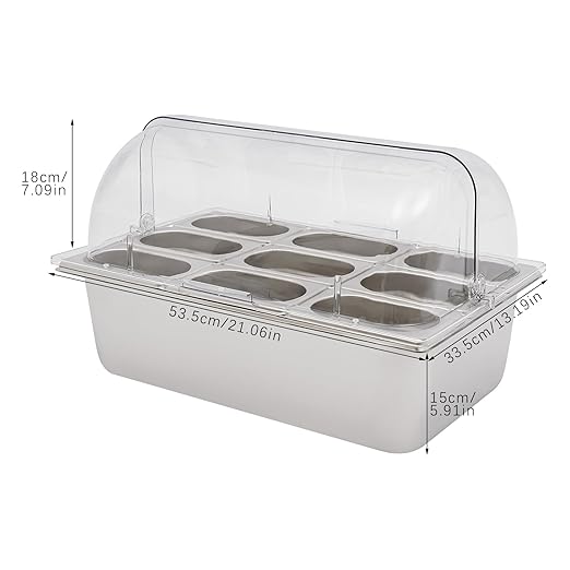 9-Compartment Stainless Steel Food Serving Tray with Lid Countertop Buffet Condiment Dispenser Display Container with Ice Packs 9 Tongs &amp Spoons for Restaurant Hotel Kitchen Party