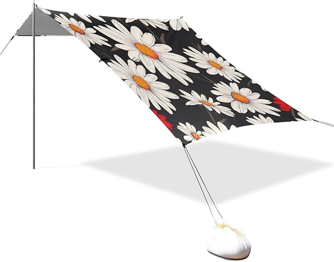 Daisy Flower Pattern Beach Tent Sun Shelter 9.2' x 10.5' Beach Canopy with 4 Sandbags 4 Stability Poles Sand Shovels - Tent Canopy for Beach Camping Fishing Picnics