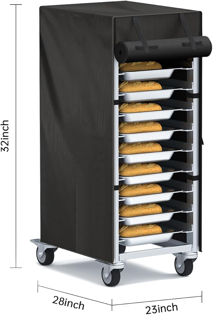 Speed Rack Cover 10-Tier 23×28×32 – 420D Oxford Waterproof/Dustproof Bread Rack Cover with Roll-Top Door 1 Side Pocket-Commercial Bakery Bun/Sheet Pan Rack Protector Black