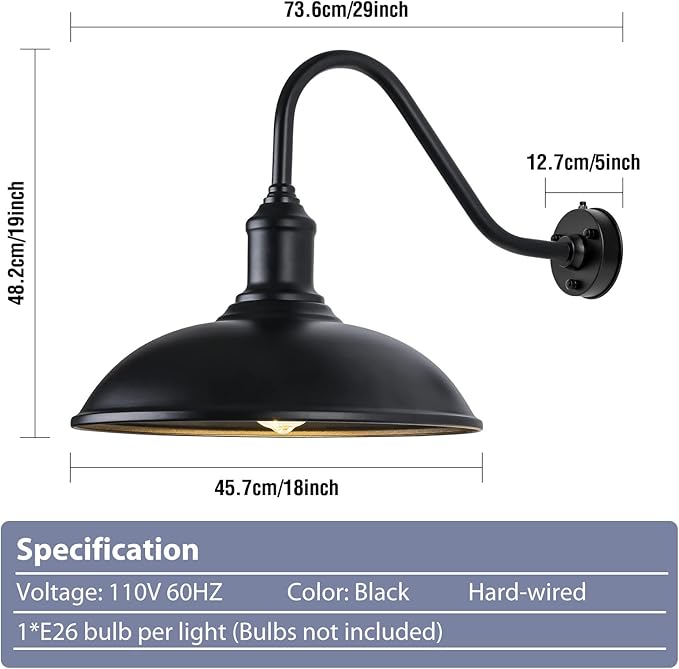 Dusk to Dawn Exterior Farmhouse Lighting 18 Diameter Barn Light Fixture for House with Anti-ponding Bottom Barn Gooseneck Lighting for Garage Patio Porch (18 Diameter 1 PC)