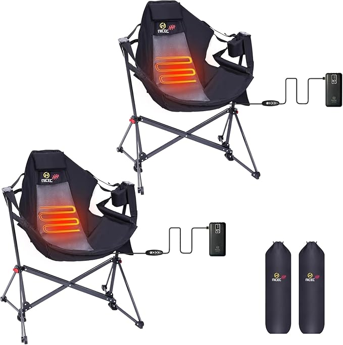 Nice C Heated Hammock Camping Chair Swing Chair Folding Rocking Chair Camping Chair High Back with Stand Cup Holder Side Pocket Heavy Duty 10000mAh Power Bank Included (Set of 2)