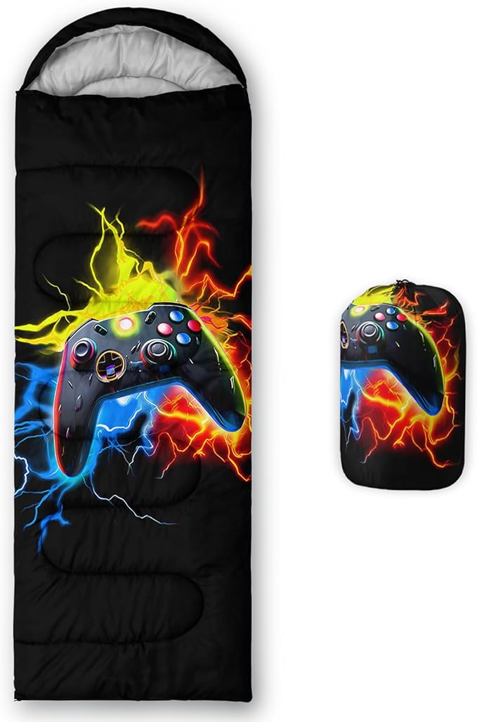 Axolotl Gaming Sleeping Bag for Boys Girls KidsGamepad Waterproof Portable Camping Bag3 Season Warm Cool Weather Lightweight Compact Camping Essentials Gear for Travelling Hiking Green Purple Orange