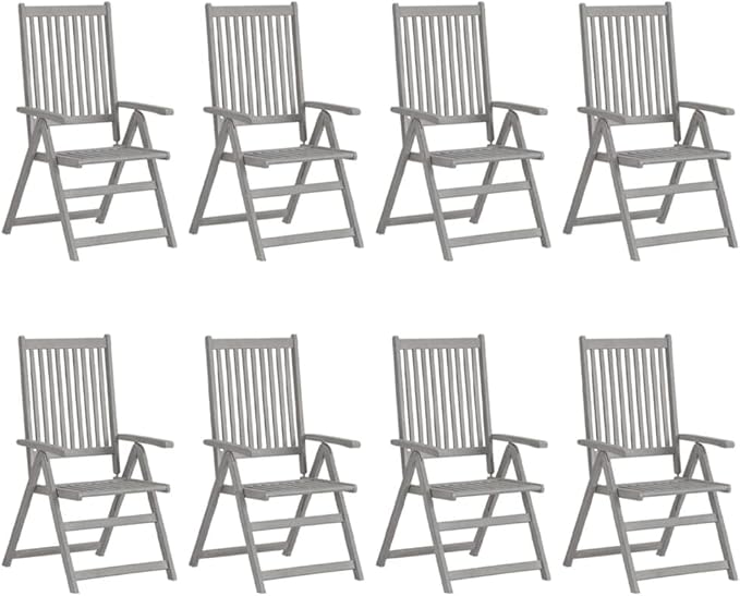 8-Pack Garden Recliner Chairs Set Grey Solid Acacia Wood 5-Position Folding Outdoor Lounge Chairs Weathered Finish for Patio Balcony Terrace Lawn 27.6 x 22 x 43.3 in