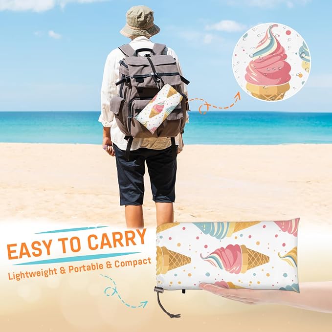 Waterproof Sandproof Beach Blanket 59''×68'' Ice Cream Polyester Outdoor Picnic Blanket with 4 Stakes &amp Storage Bag for BeachCampingVacation White Background