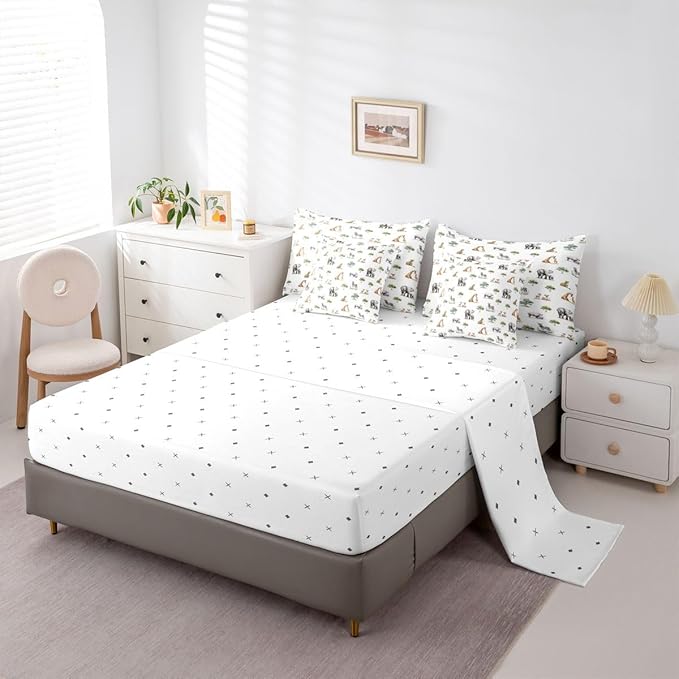 Cute Giraffe Zebra Elephant Comforter Set with SheetsPillowcases &amp Cushion Cover Zoo Animal 7 Piece Bedding Set for Boys Girls Room Decor Cartoon Animal Bed in a Bag King Size Wildlife Microfiber