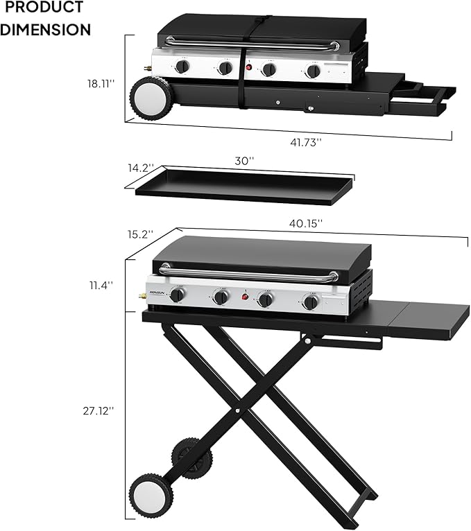 ROVSUN 4 Burner Foldable Propane Griddle with Wheels Enameled Tray &amp Lid 40000 BTU Portable Rolling Flat Top Gas Grill with Electronic Ignition &amp Regulator for Outdoor Cooking Camping BBQ Ta