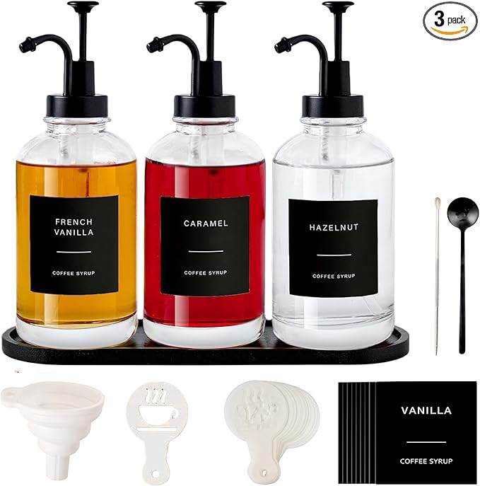 Coffee Syrup Dispenser for Bar Glass Syrup Bottle with Pump Coffee Pump Dispenser Bottle with Tray Spoon for Station Black16.9 oz 500 ml