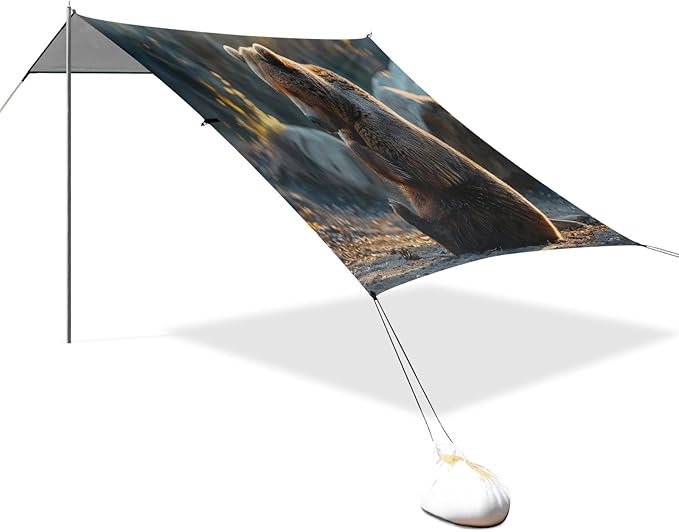 Sitting Bear Pattern Beach Tent Sun Shelter 9.2' x 10.5' Beach Canopy with 4 Sandbags 4 Stability Poles Sand Shovels - Tent Canopy for Beach Camping Fishing Picnics