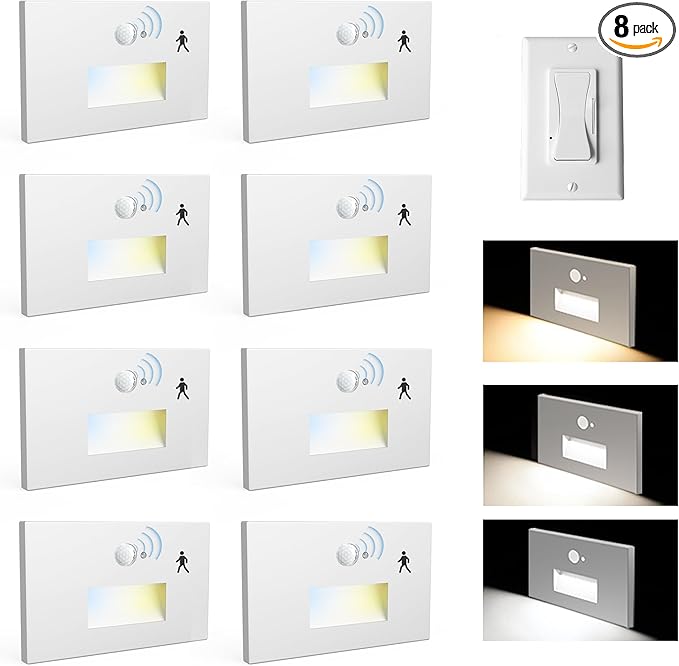 8 Pack Motion Sensor Stair Lights Indoor OutdoorDimmable Motion Activated Step Lamp 3000K/4000K/6000KHardwired 120V 4W IP65 Waterproof Outside Stairway LightLed Staircase Lights- White