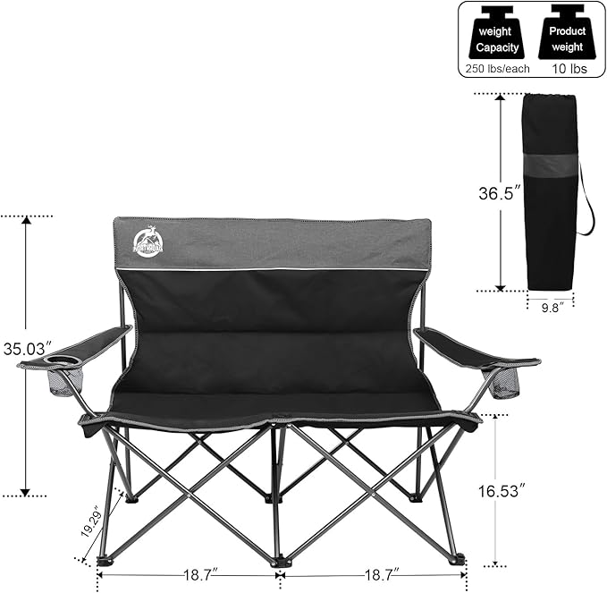Northroad Outdoor Camping Chair Set of 3Folding Padded Camp Chair w/1 Sofa2 Single ChairsCollapsible Conversation Set for Family Patio Beach (Black)