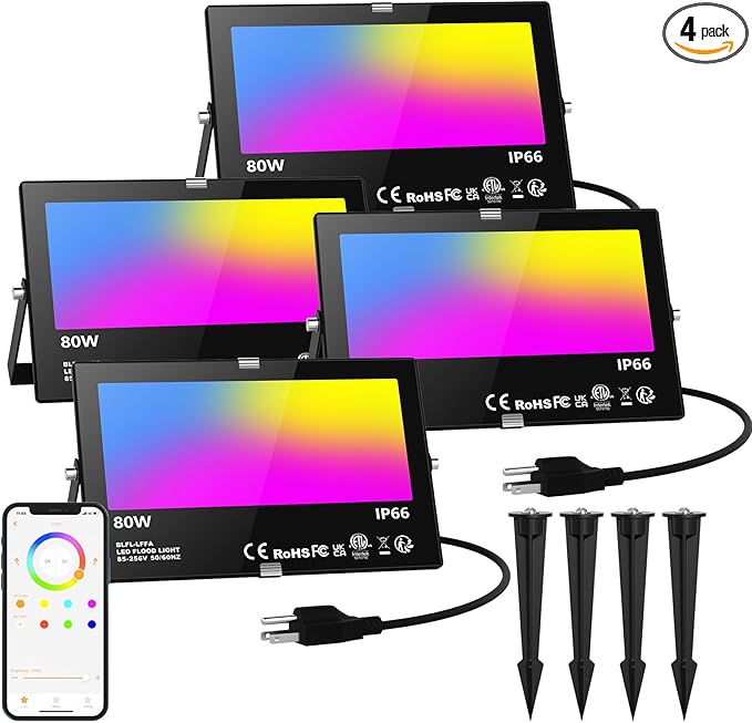 Smart Flood Lights Outdoor RGB via Bluetooth App Control Color Changing Landscape Lights 80W IP66 Waterproof DIY Scenes/Music Sync/Timing/Daylight 4Pack