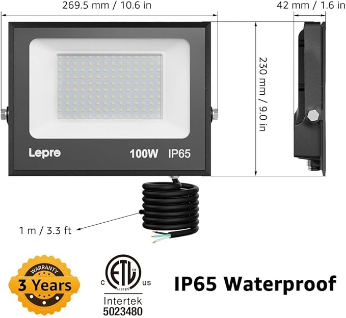 Lepro 100W Outdoor LED Flood Lights 5000K 10000 Lumens Super Bright for Yard Garden Driveway Pool Parking Area Playground Outside Floodlight Fixture (watts 100)
